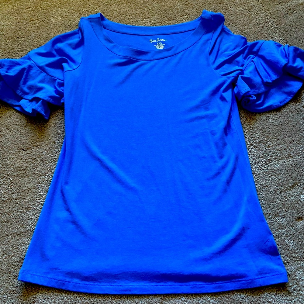 Lulu Coastal Blue Crewneck Ruffle Sleeves Top New!